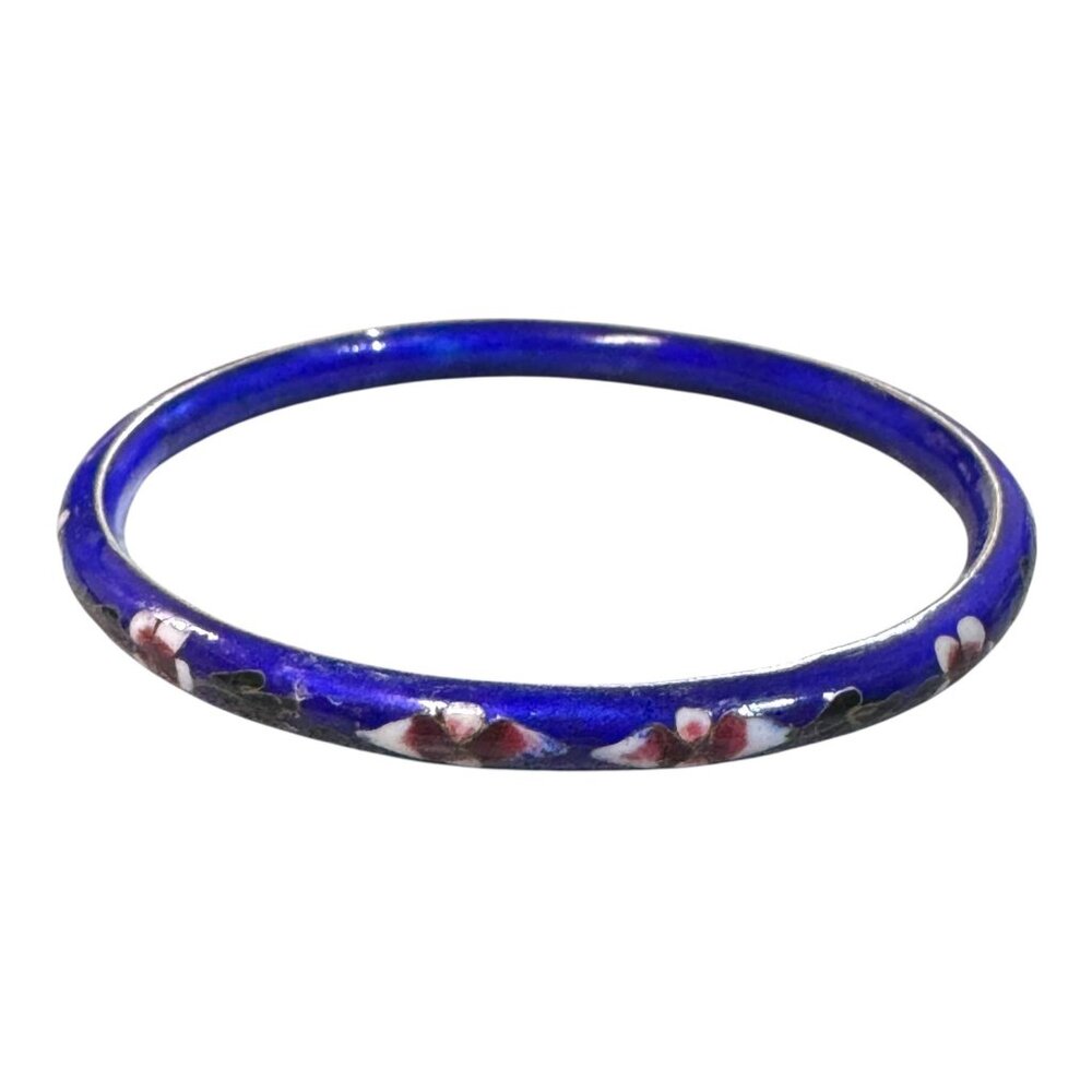 Vintage Cobalt Blue Floral Cloisonné Bangle Bracelet Size 7.5" Red Flower Floral